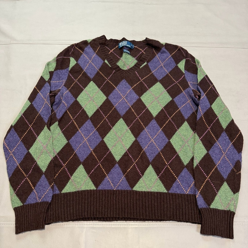 VTG Polo Ralph Lauren‎ Men Argyle Cashmere Knit Sweater Old Money Luxury L-5124